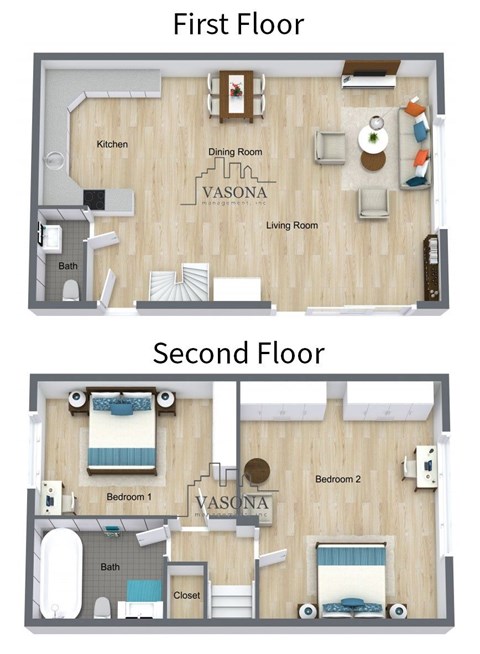 A floor plan of a two-story apartment with a living room, dining room, kitchen, and two bedrooms.